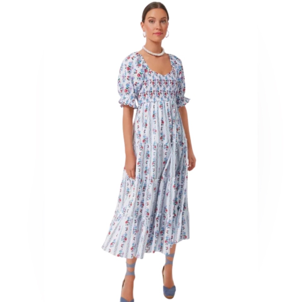Light Blue Floral Smocked Maxi Dress with Puff Sleeves